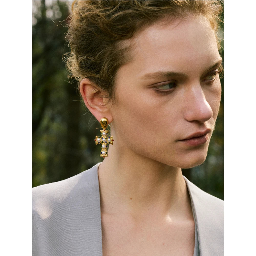 Isalene  Earrings Gold Regalia Cross Drop Earrings