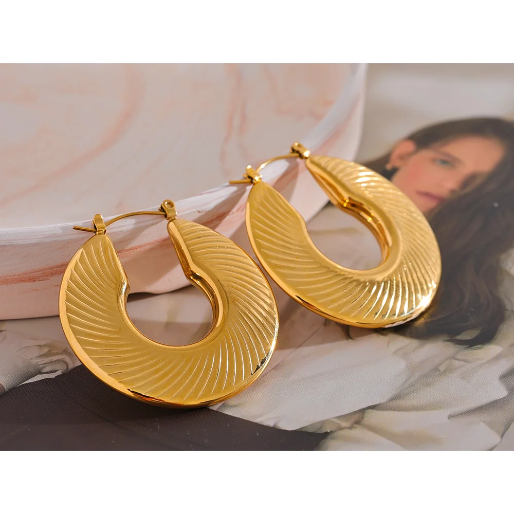 Isalene  Earrings Gold Ribbed Statement Hoop Earrings