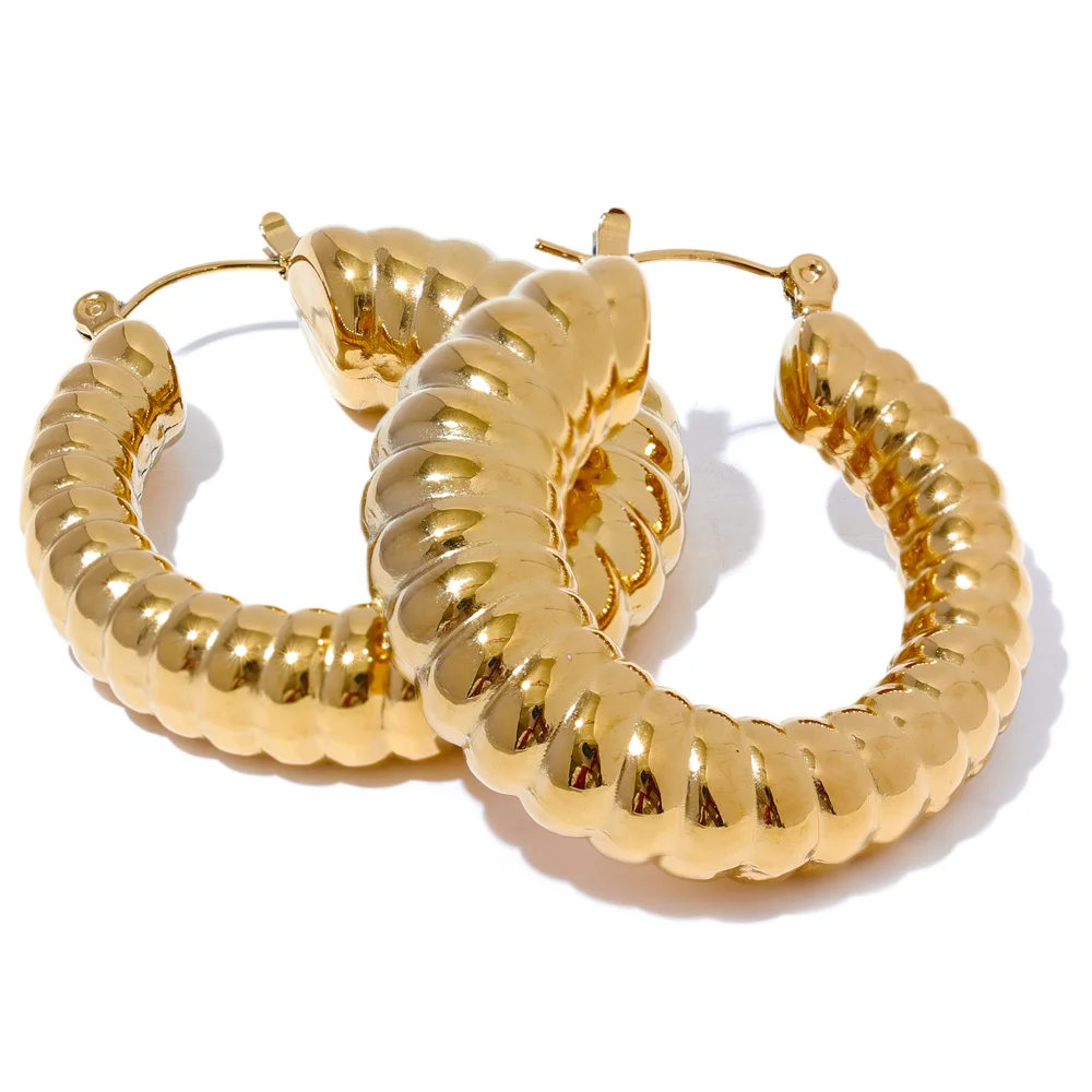 Isalene  Earrings Gold Ribbed Statement Hoop Earrings