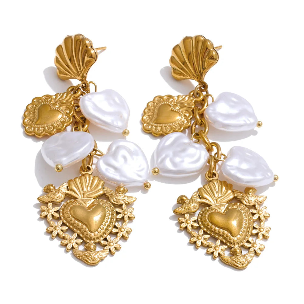 Isalene  Earrings Gold Sacred Pearl Heart Earrings