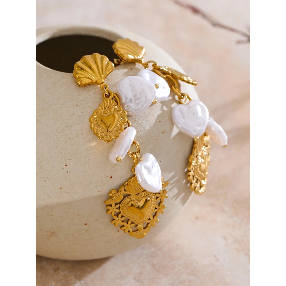 Isalene  Earrings Gold Sacred Pearl Heart Earrings