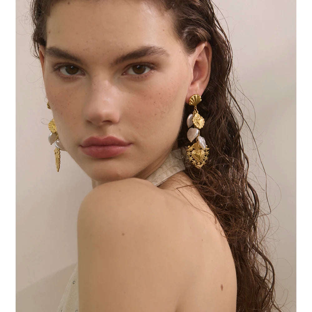 Isalene  Earrings Gold Sacred Pearl Heart Earrings