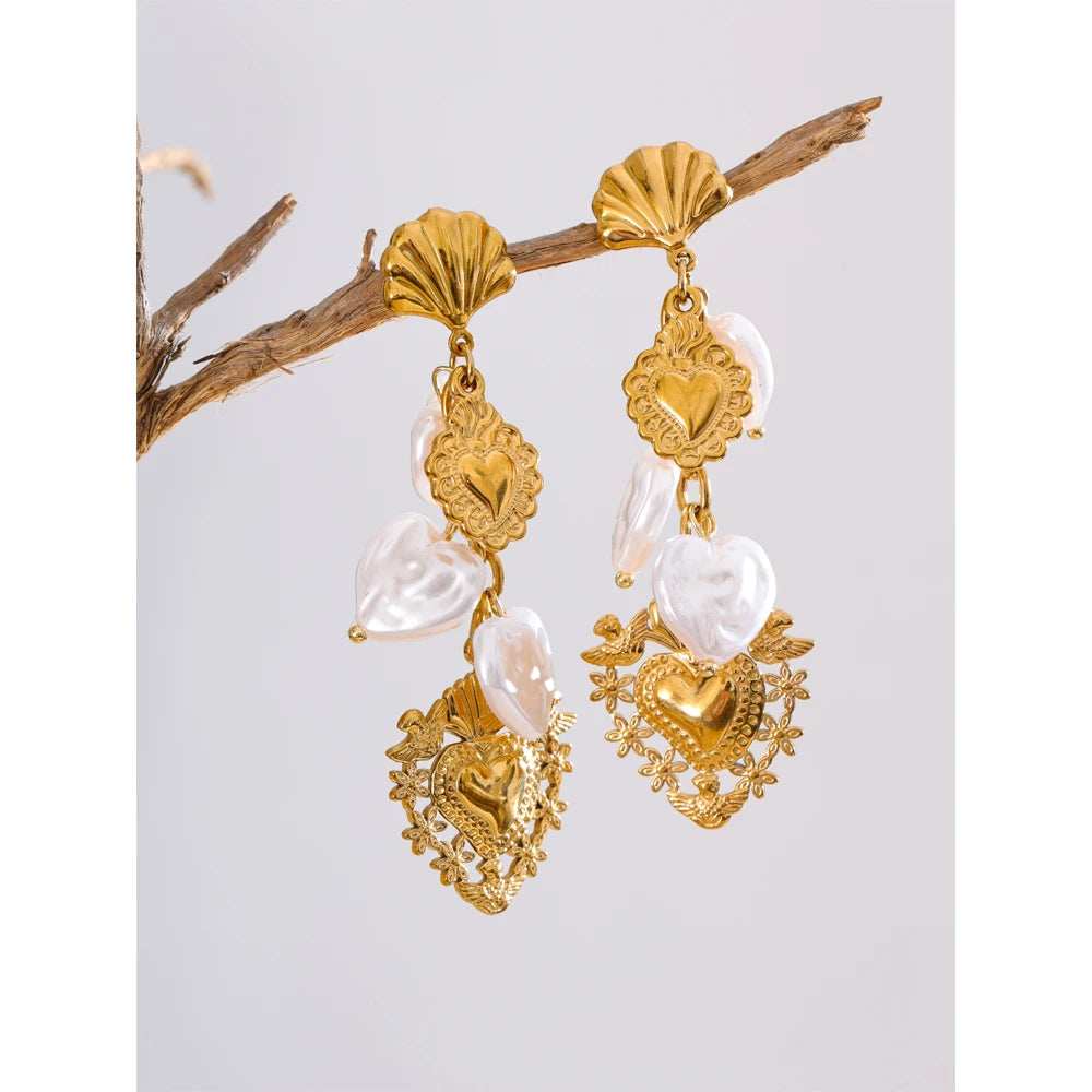 Isalene  Earrings Gold Sacred Pearl Heart Earrings