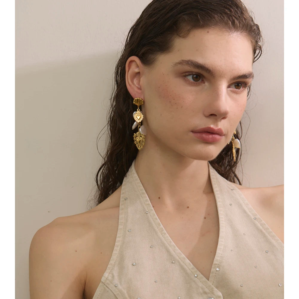 Isalene  Earrings Gold Sacred Pearl Heart Earrings