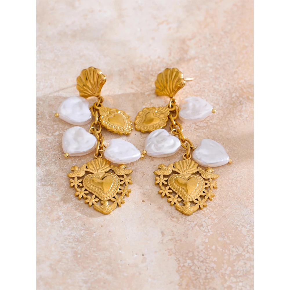 Isalene  Earrings Gold Sacred Pearl Heart Earrings