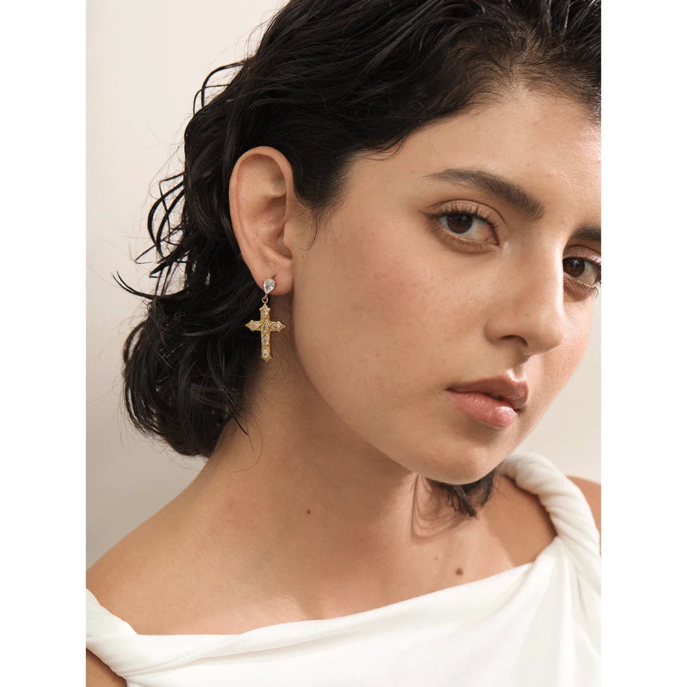 Isalene  Earrings Gold Selene Cross Drop Earrings