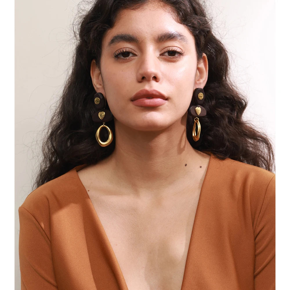 Isalene  Earrings Gold Solana Wood & Gold Drop Earrings