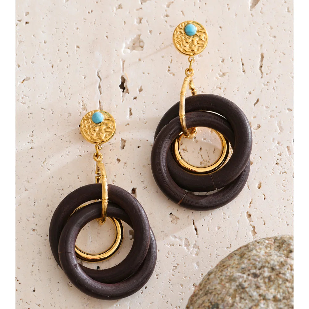 Isalene  Earrings Gold Solara Wood Drop Earrings