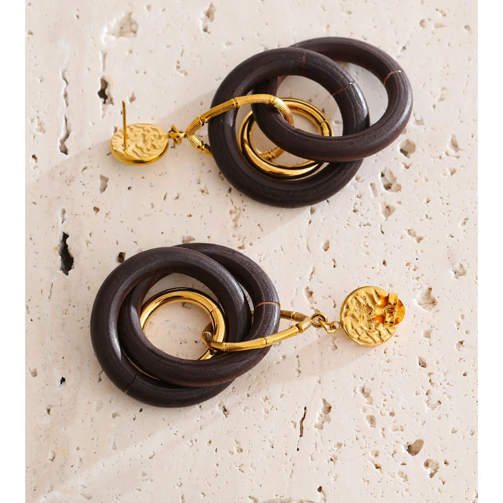 Isalene  Earrings Gold Solara Wood Drop Earrings