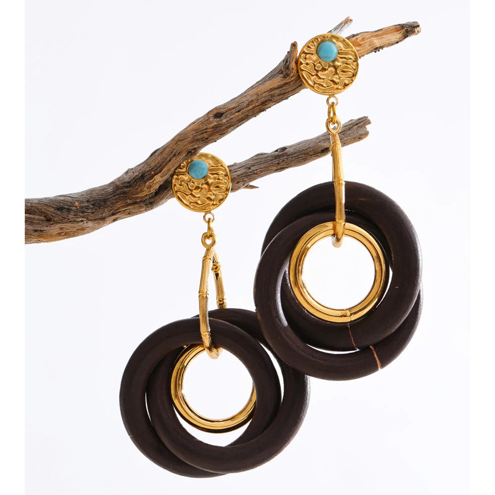 Isalene  Earrings Gold Solara Wood Drop Earrings