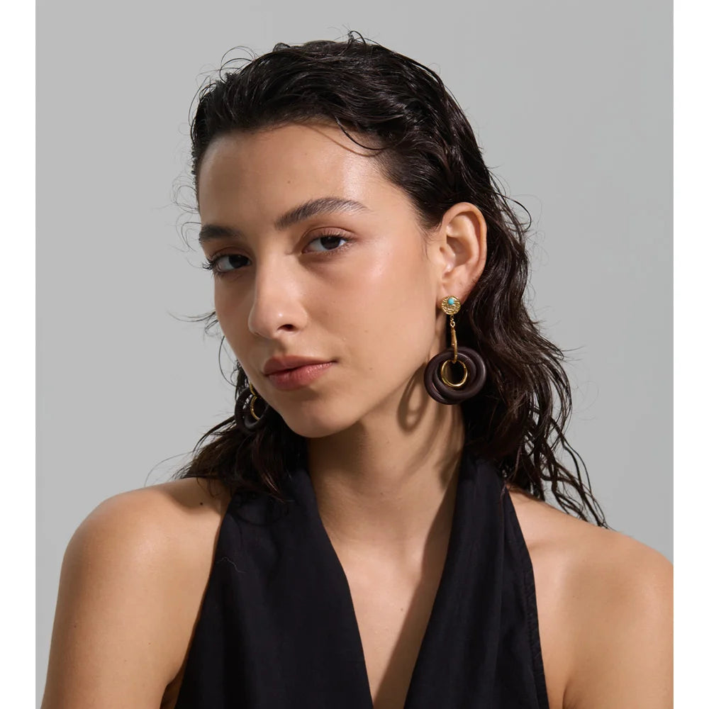 Isalene  Earrings Gold Solara Wood Drop Earrings