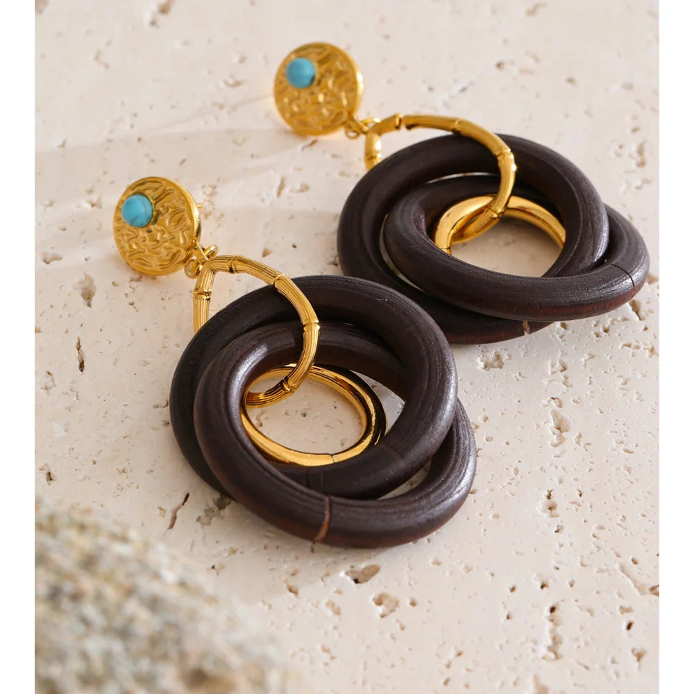 Isalene  Earrings Gold Solara Wood Drop Earrings
