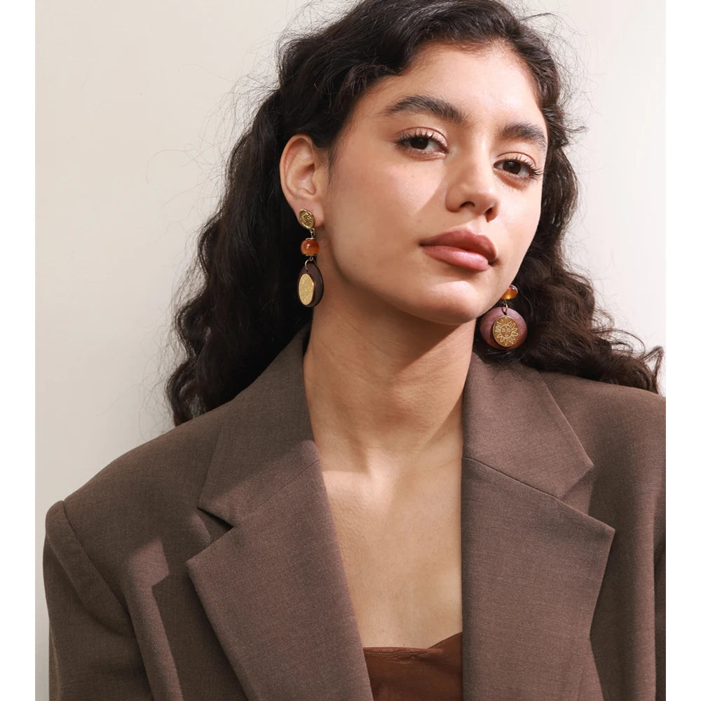 Isalene  Earrings Gold Soleil Amber Wood Earrings
