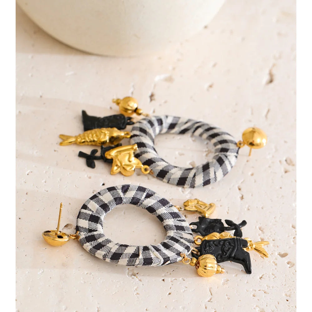Isalene  Earrings Gold Valencia Gingham Charm Hoop Earrings
