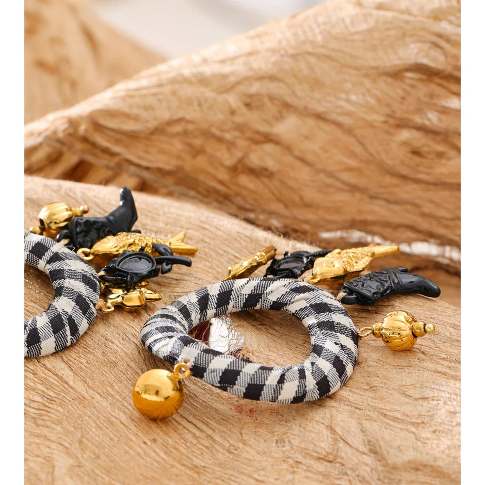 Isalene  Earrings Gold Valencia Gingham Charm Hoop Earrings