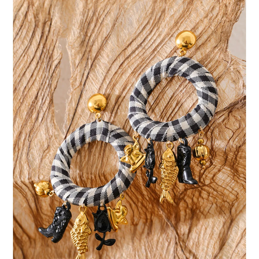 Isalene  Earrings Gold Valencia Gingham Charm Hoop Earrings