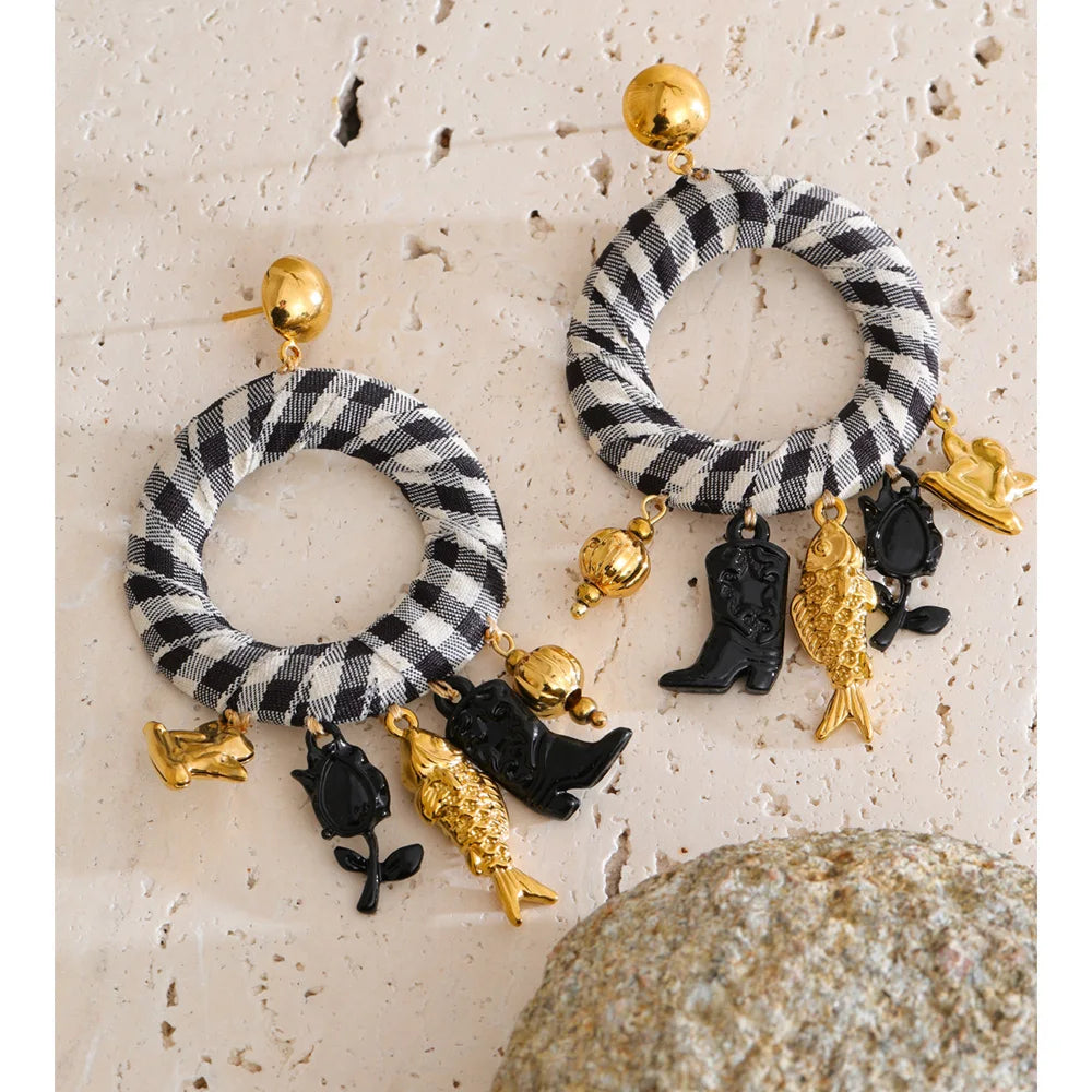 Isalene  Earrings Gold Valencia Gingham Charm Hoop Earrings