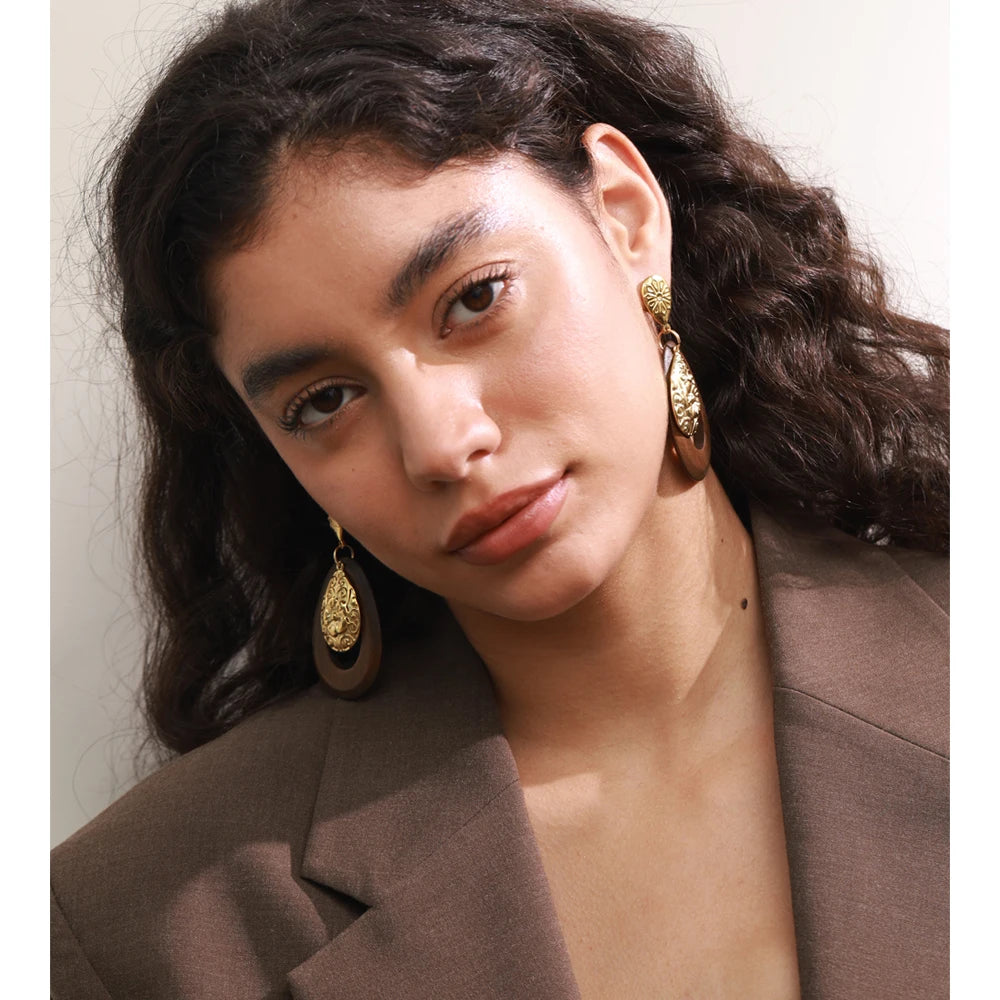 Isalene  Earrings Gold Verona Floral Wood Earrings
