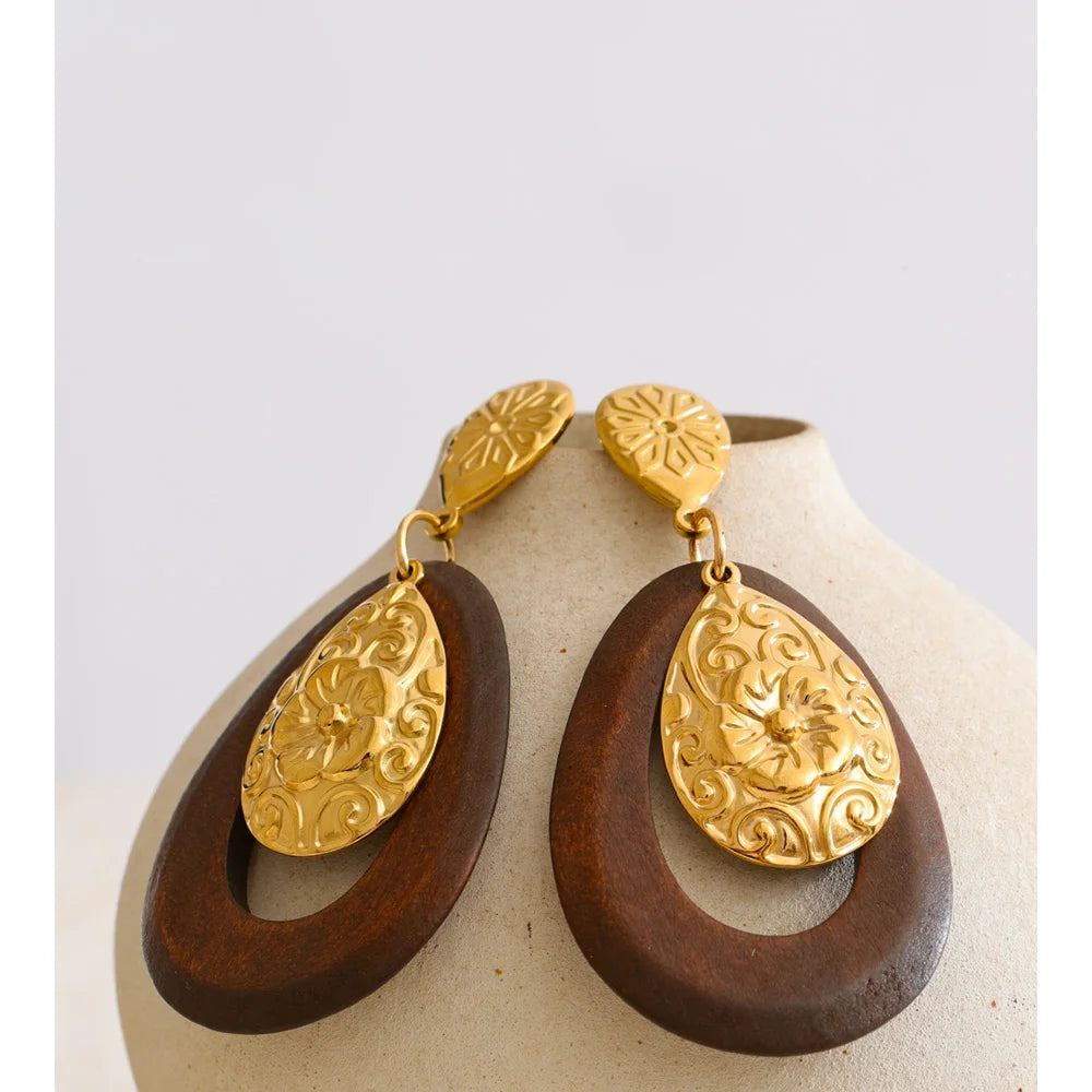Isalene  Earrings Gold Verona Floral Wood Earrings