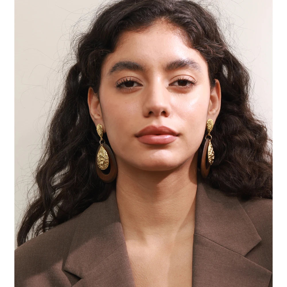 Isalene  Earrings Gold Verona Floral Wood Earrings