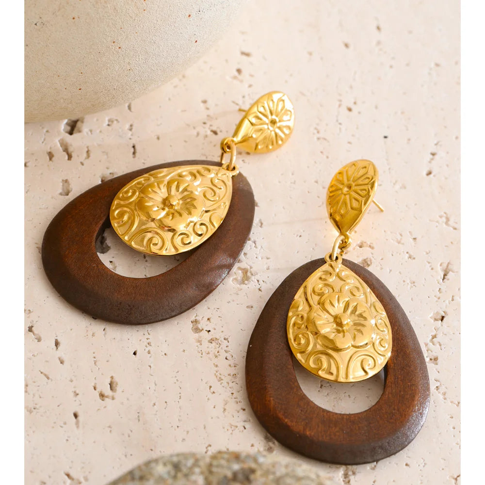 Isalene  Earrings Gold Verona Floral Wood Earrings