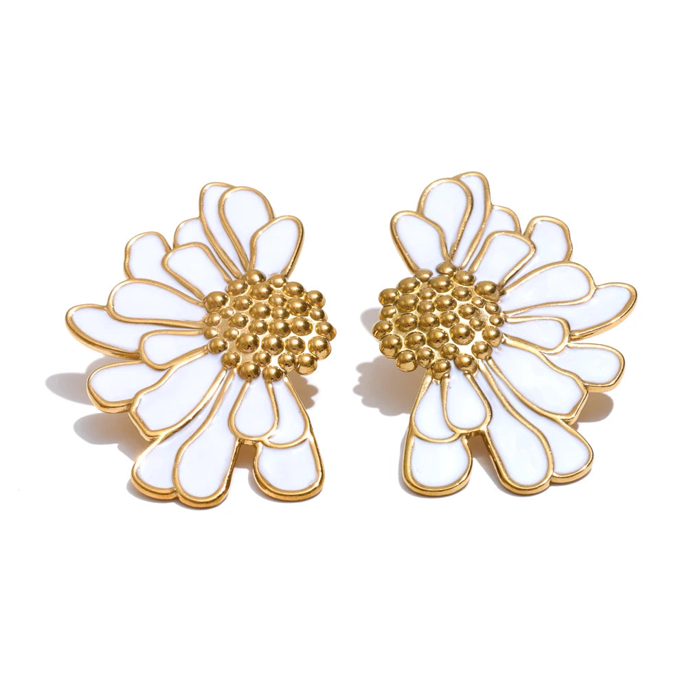 Isalene  Earrings Gold (White Enamel) Floral Enamel Statement Earrings