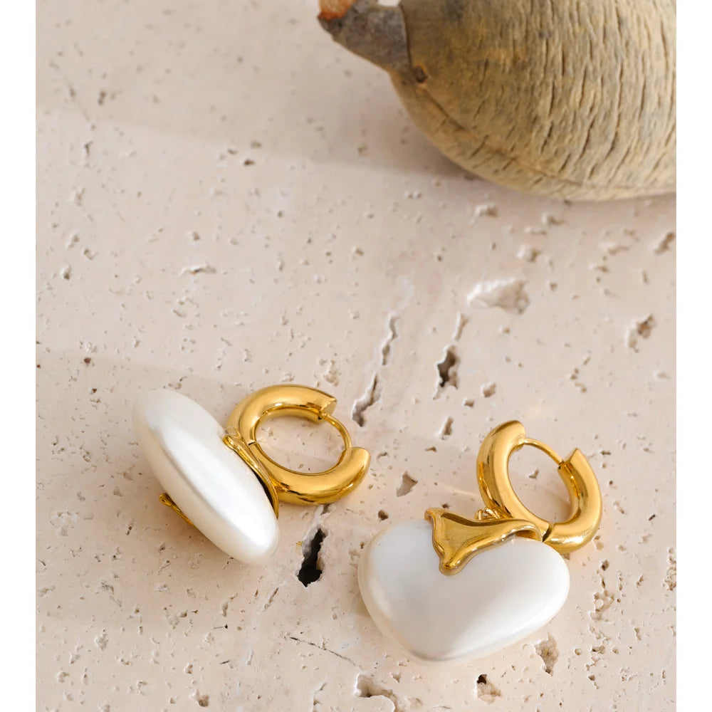 Isalene  Earrings Gold White Heart Drop Hoop Earrings