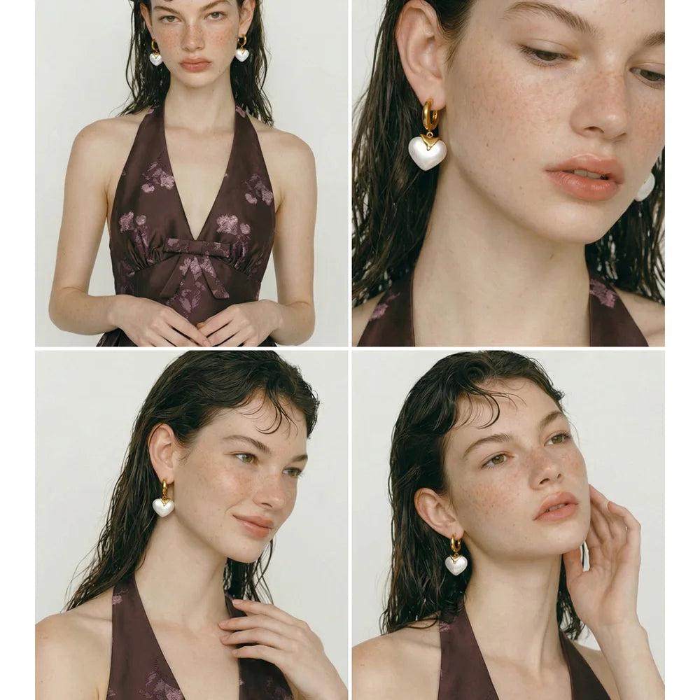 Isalene  Earrings Gold White Heart Drop Hoop Earrings