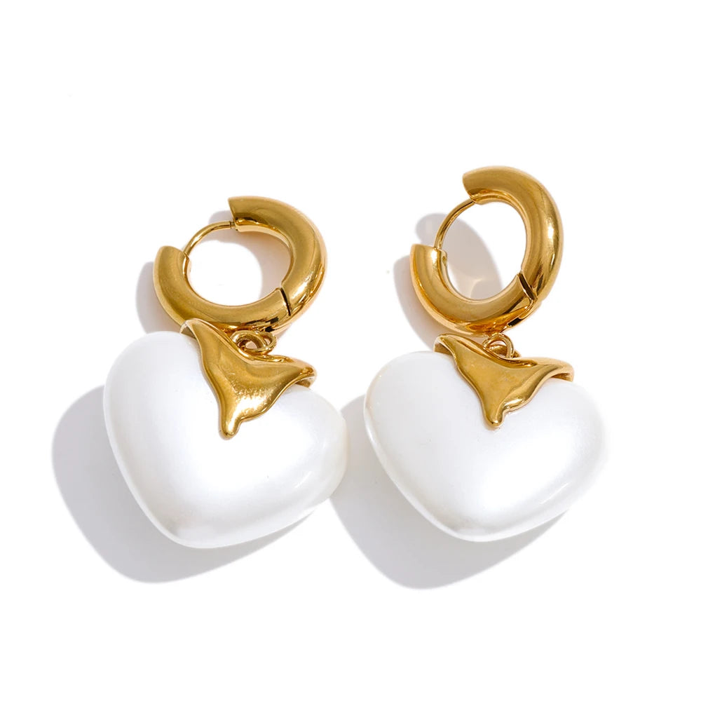 Isalene  Earrings Gold White Heart Drop Hoop Earrings