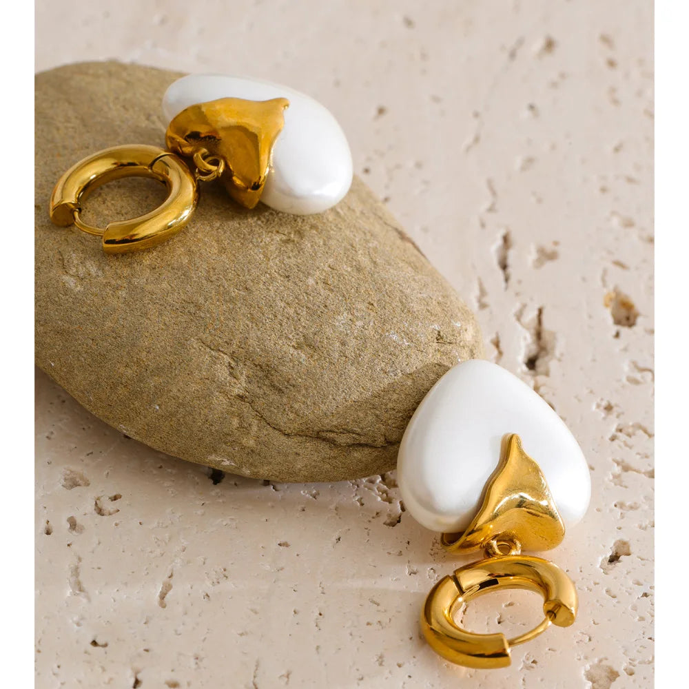 Isalene  Earrings Gold White Heart Drop Hoop Earrings
