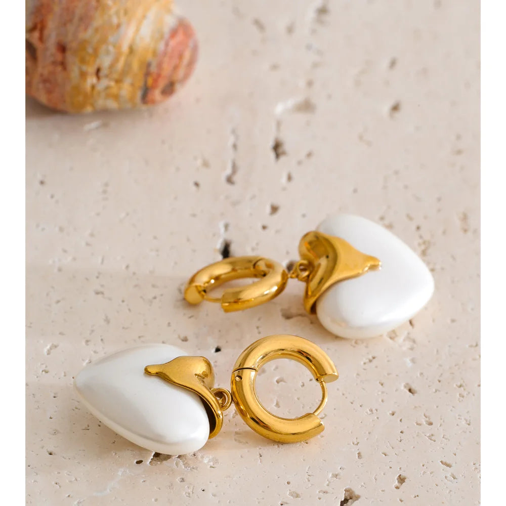 Isalene  Earrings Gold White Heart Drop Hoop Earrings