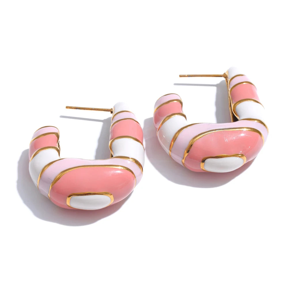 Isalene  Earrings Gold with Pink/White Enamel Candy Stripe Hoops