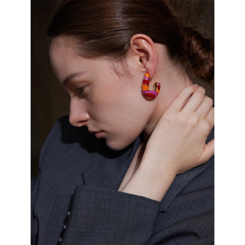 Isalene  Earrings Gold with Pink/White Enamel Candy Stripe Hoops