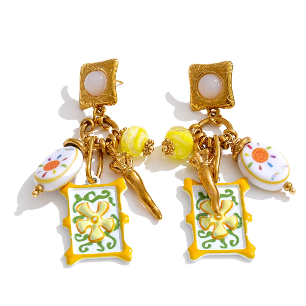 Isalene  Earrings Gold & Yellow Mediterranean Charm Drop Earrings
