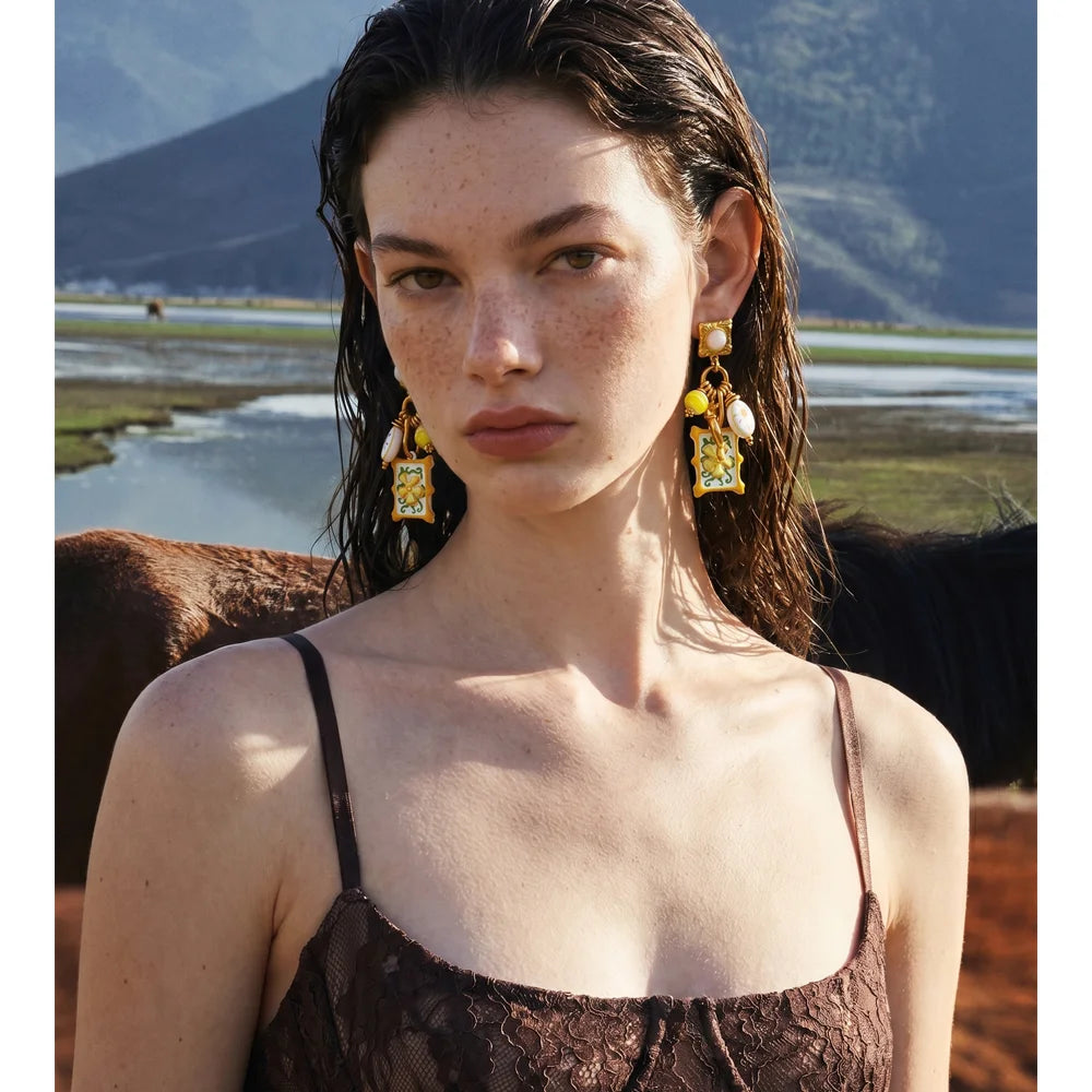 Isalene  Earrings Gold & Yellow Mediterranean Charm Drop Earrings