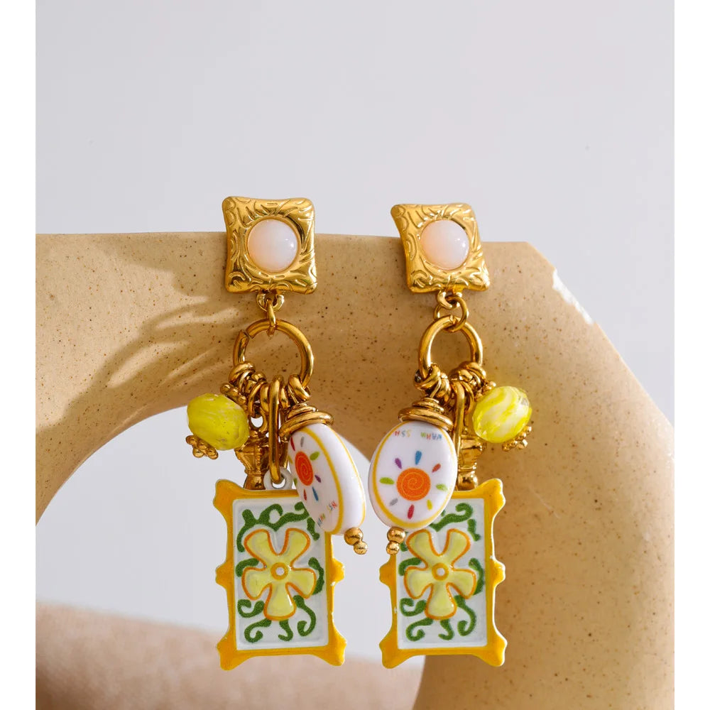 Isalene  Earrings Gold & Yellow Mediterranean Charm Drop Earrings