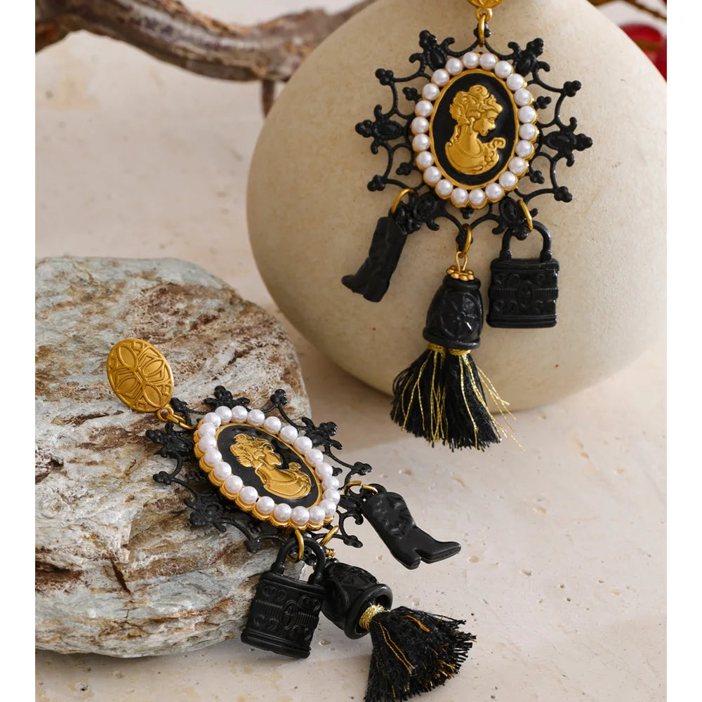 Isalene  Earrings Ornate Cameo Tassel Earrings