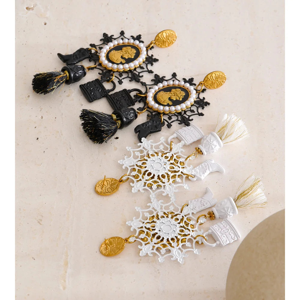 Isalene  Earrings Ornate Cameo Tassel Earrings