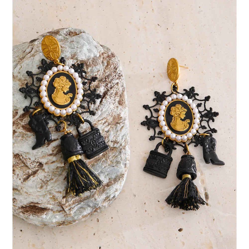 Isalene  Earrings Ornate Cameo Tassel Earrings