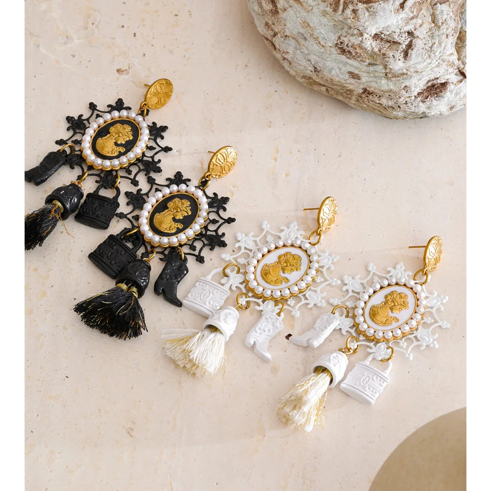 Isalene  Earrings Ornate Cameo Tassel Earrings