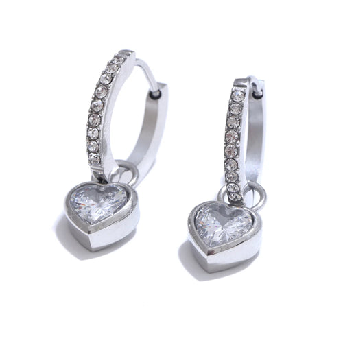 Isalene  Earrings Silver Crystal Heart Charm Hoop Earrings