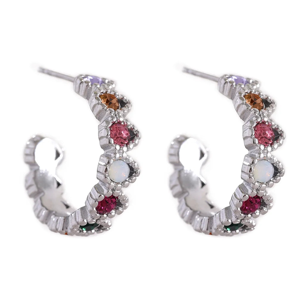 Isalene  Earrings Silver Rainbow Gemstone Hoop Earrings
