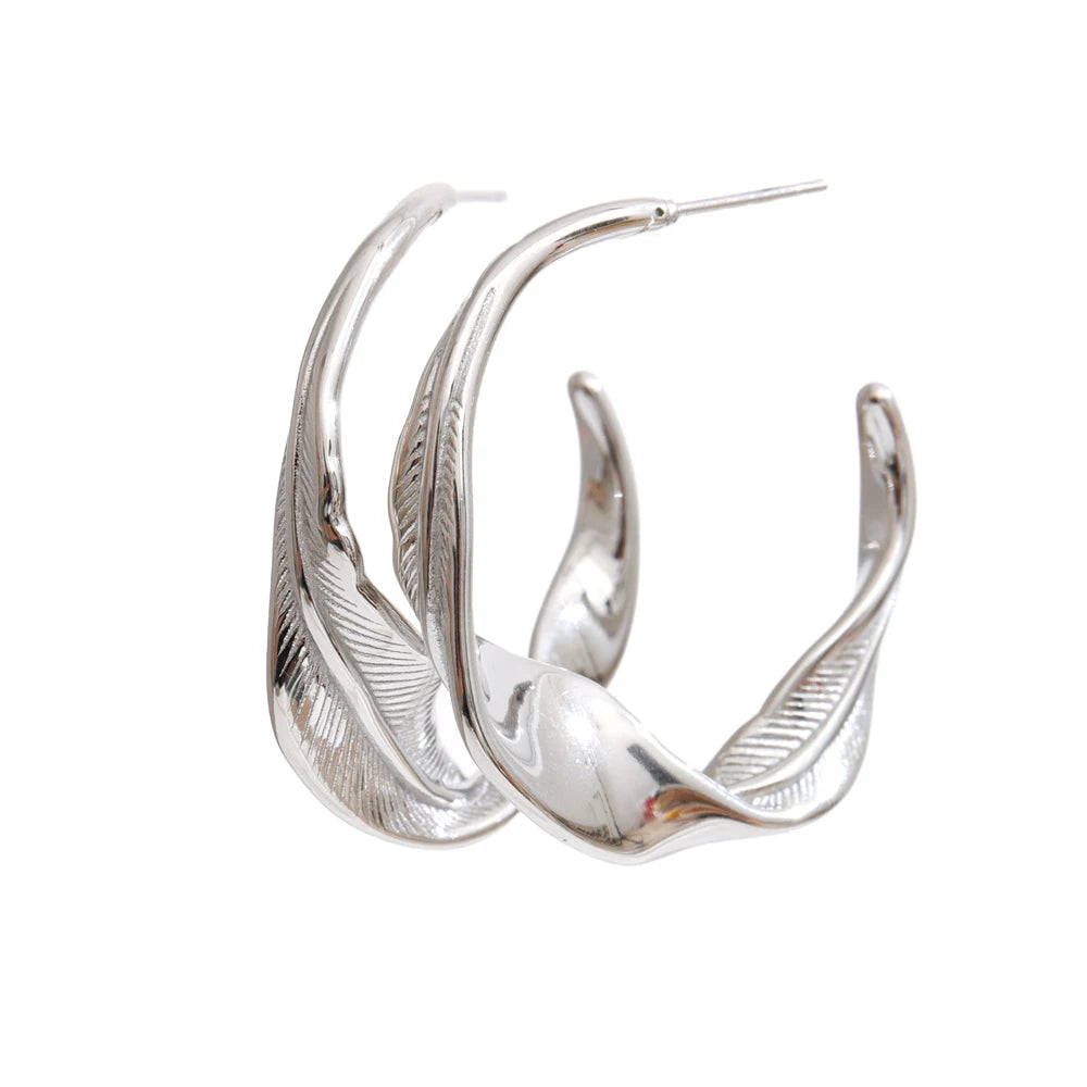 Isalene  Earrings Silver Sculpted Wave Hoop Earrings
