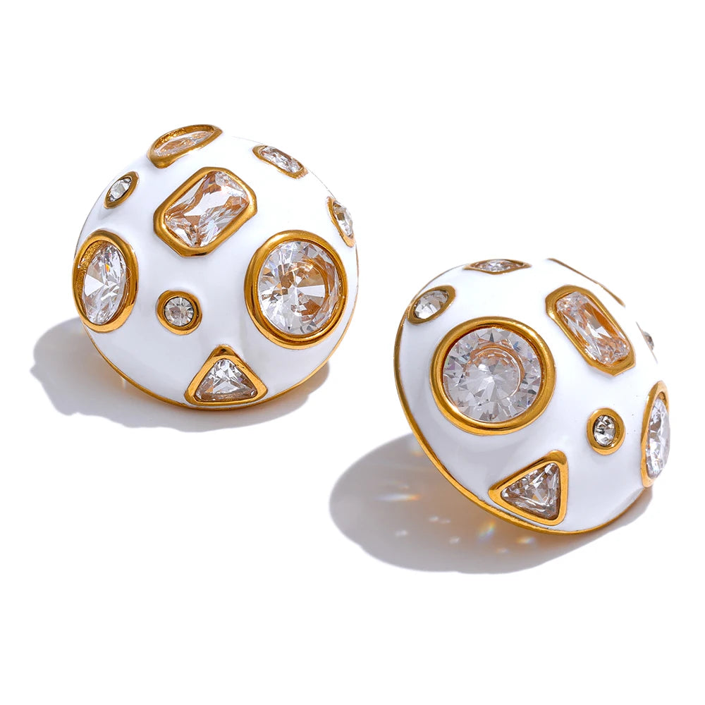 Isalene  Earrings White & Gold Mira Enamel Stud Earrings