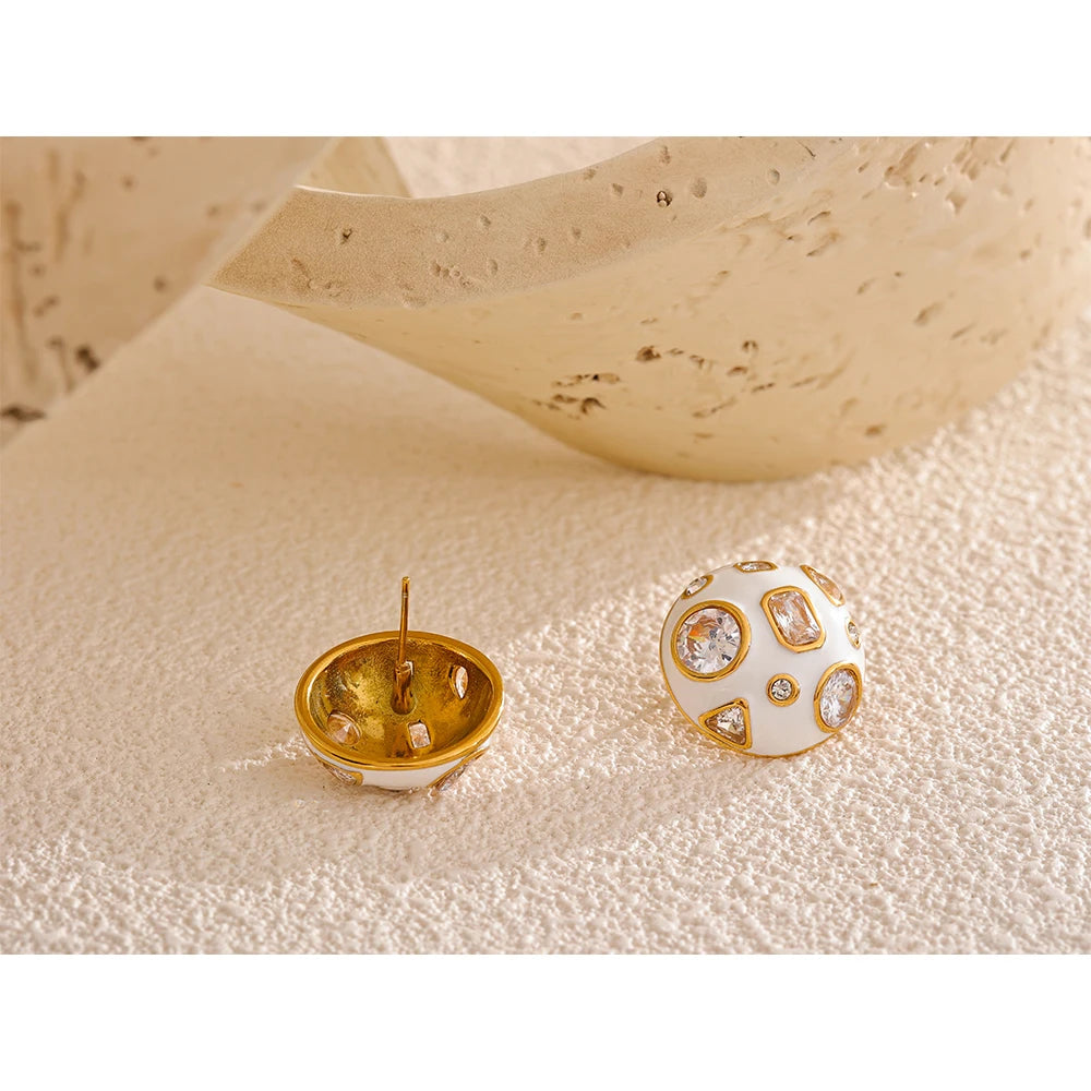 Isalene  Earrings White & Gold Mira Enamel Stud Earrings