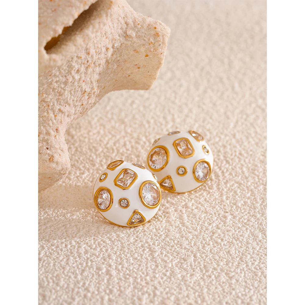 Isalene  Earrings White & Gold Mira Enamel Stud Earrings