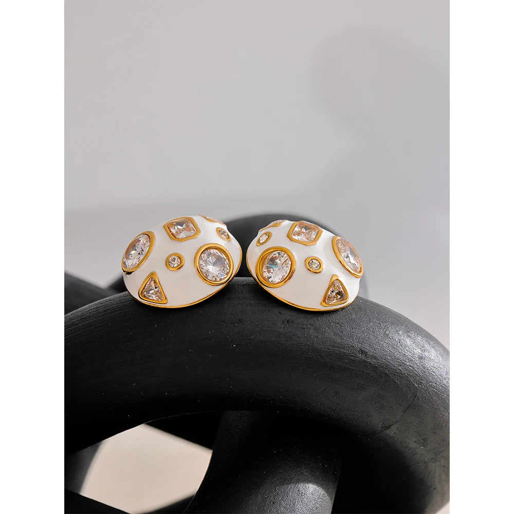 Isalene  Earrings White & Gold Mira Enamel Stud Earrings