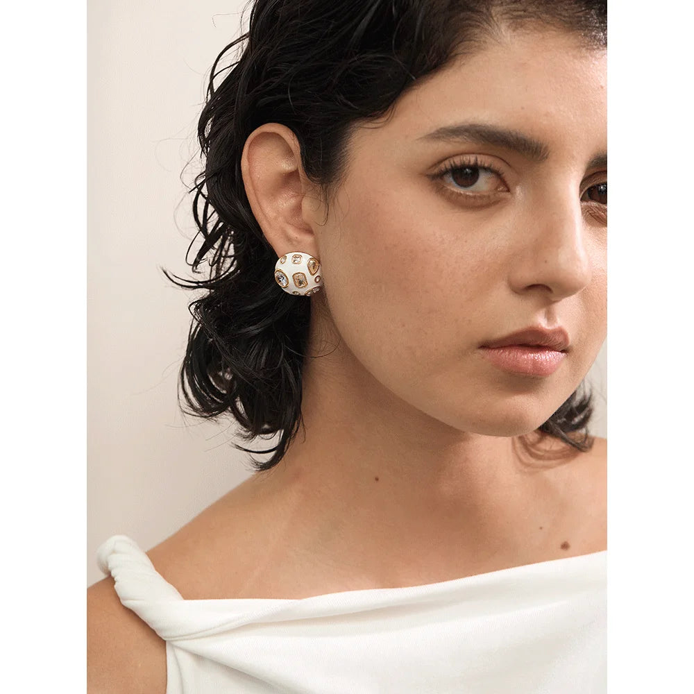 Isalene  Earrings White & Gold Mira Enamel Stud Earrings