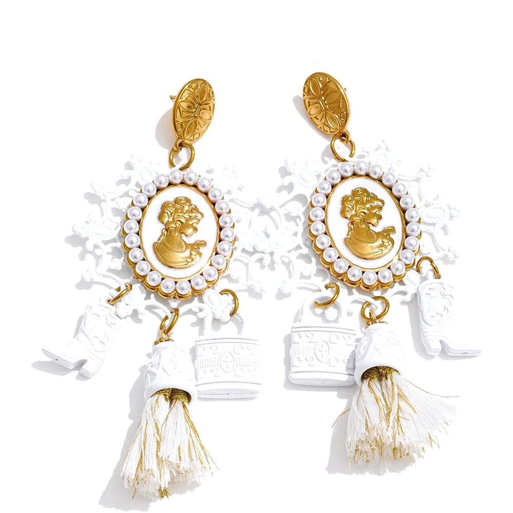 Isalene  Earrings White Ornate Cameo Tassel Earrings