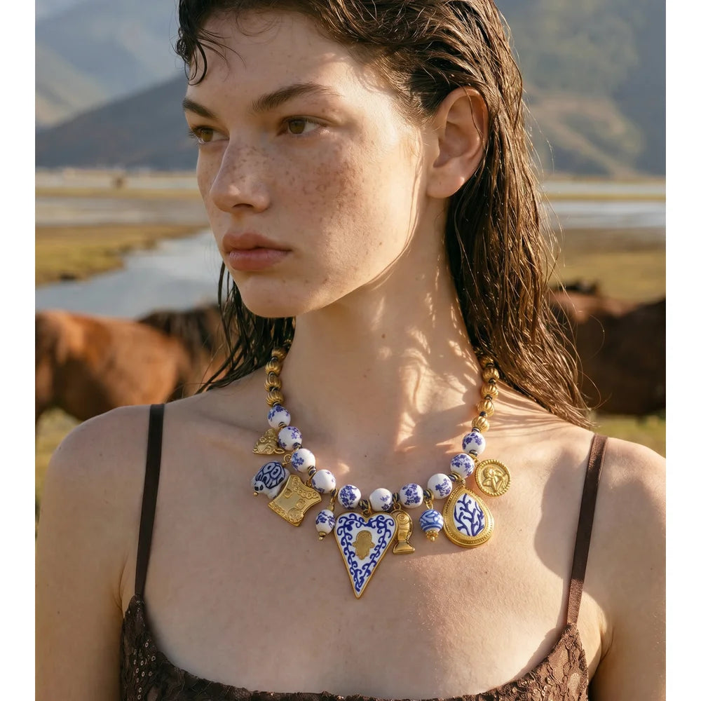 Isalene  Necklaces Blue & Gold Portofino Charm Necklace